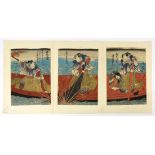 Utagawa Toyokuni III (Japanese, 1786-1865), woodblock prints, 19th century, triptych depicting three