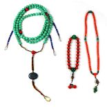 (lot of 3) Chinese bead necklaces: two coral colored necklace and a strand of prayer beads; together