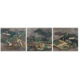 (lot of 3) Japanese framed ink and colors on silk, one depicting a noble man playing koto; second an