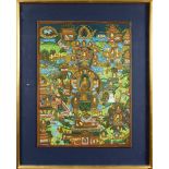 Himalayan thangka, Buddha, accented by secondary narrative figural scenes, framed: 29.25"h x 23.75"