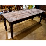 Provincial style harvest table, having a rectangular top, above turned legs, 33"h x 84"w