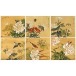 (lot of 6) Framed Chinese album leaves, Birds and Flowers, ink and color on silk, some bearing