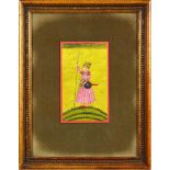 Indian miniature painting, of a prince in a red robe with a spear and shield, sight: 6.25"h x 3.5"w,