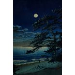 Kawase Hasui (Japanese, 1883-1957), "Spring Moon at Ninomiya Shore", woodblock print, lower right