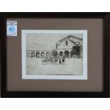 Mission Scene with Figures and Horses, etching, unsigned, 20th century, overall (with frame): 10.