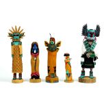 (lot of 5) Kachina dolls, one depicting a corn dancer by Dwight Mahooty, a Hopi example of Butterfly