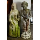 (lot of 2) Concrete garden elements, one depicting a putti, the other an Ecclesiastical figure