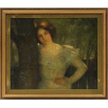 Portait of a Lady in a Doorway, oil on board, unsigned, 20th century, overall (with frame): 22.5"h x