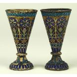 Pair of Russian plique-de-jour glass and silver cups by Ovchennikov, executed in blue, yellow, green