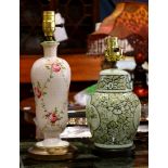 (lot of 2) Associated table lamps, one having floral decoration, the other executed in the Chinese