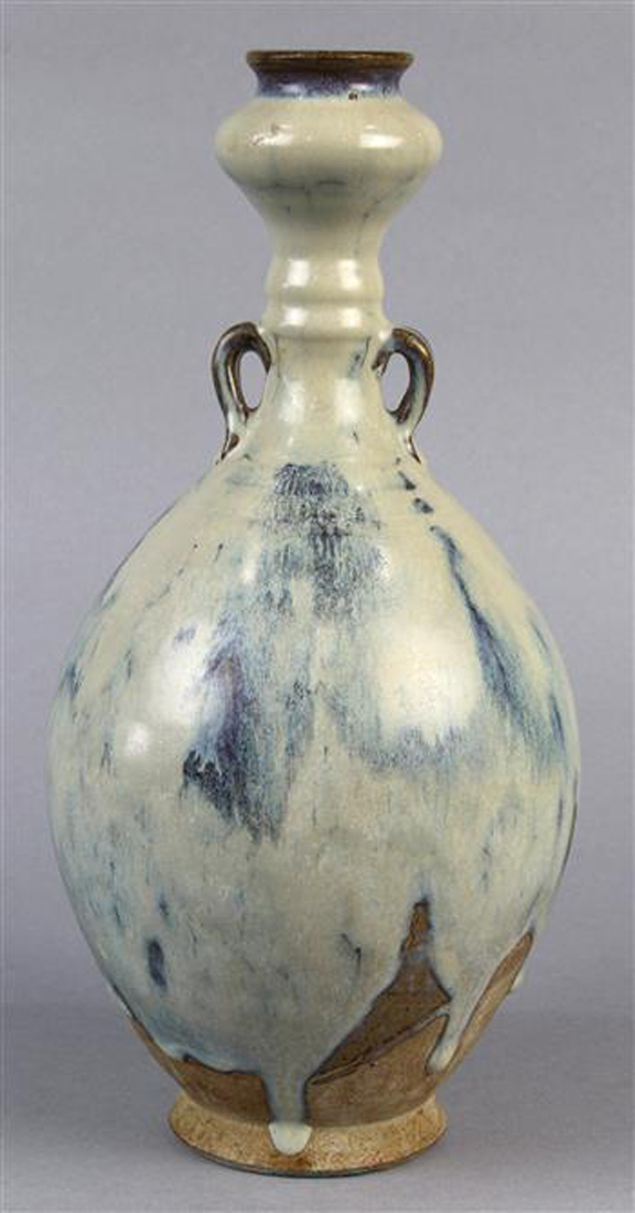 Chinese Jun-type glazed ceramic bottle, with a splayed mouth and garlic head above a ribbed neck