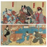 (lot of 2) Japanese triptych woodblock prints, 19th century, one by Utagawa Toyokuni III (