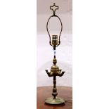 Brass four-spouted oil lamp rising on a turned base, now electrifed, 23"h