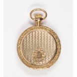 14k yellow gold hunting case pocket watch Dial: round, white, black, Arabic numeral hour markers,