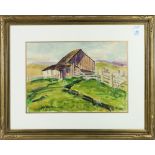 Justin Faivre (American, 1902-1990), Barn in desolate landscape, 1947, watercolor, signed lower