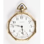 14k yellow gold open face octagonal pocket watch Dial: round, white, black Arabic numeral hour
