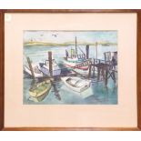 Gerald Collins Gleeson (American, 1915-1986), Dock Scene with Boats and Figures, 1950, watercolor,