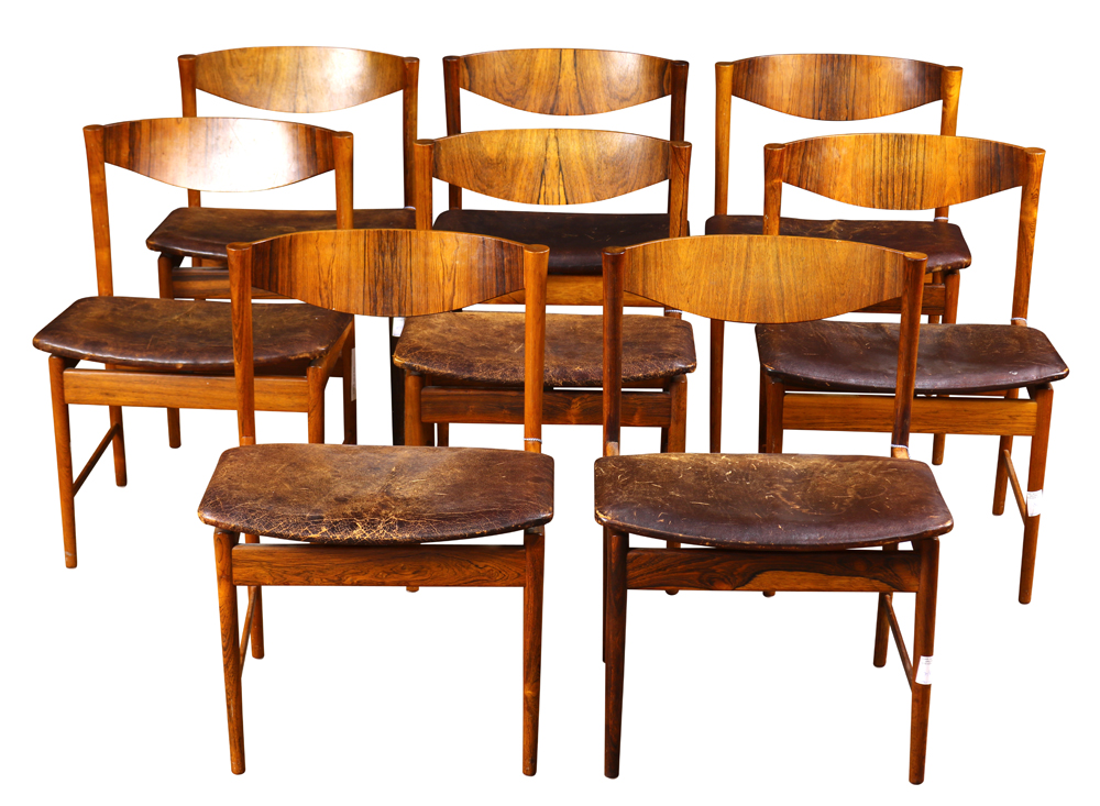 (lot of 8) Ib Kofod Larsen for Säffle Möbelfabrik palisdaner chairs, Sweden, circa 1960, each having