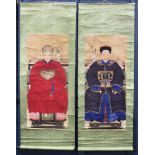 Pair of Chinese ancestor portraits, ink and color on paper, of a patriarch and matriarch each seated