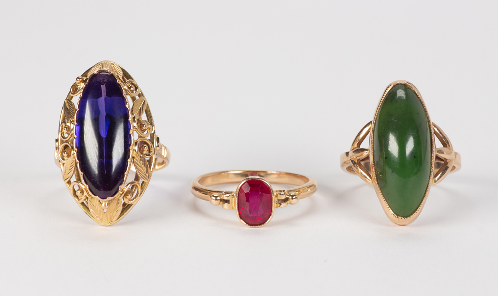 (Lot of 3) Multi-stone and 14k yellow gold rings Including 1) nephrite and 14k yellow gold ring,