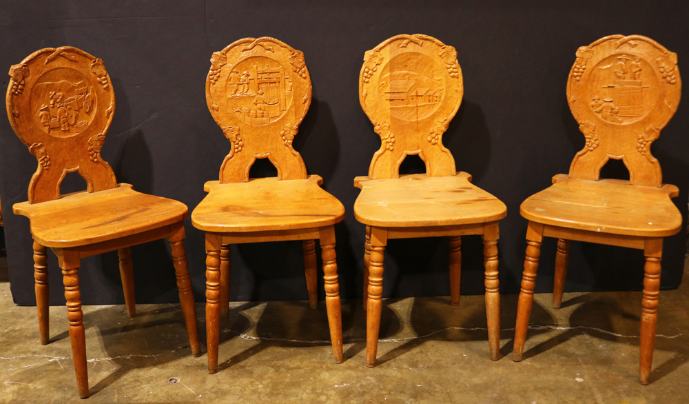 (lot of 4) Italian relief carved side chairs, each with carved grape clusters flanking the central