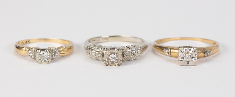 (Lot of 3) Diamond and 14k gold rings Including 1) diamond and 14k yellow gold ring, size 3.75; 1)