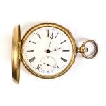 14k yellow gold hunting case pocket watch Dial: round, white, black Roman numeral hour markers,