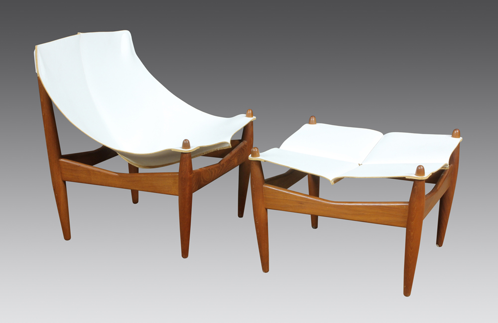 Rare Illum Wikkelso for CF Christensen Model #272 chair and ottoman, Denmark circa 1960, executed in