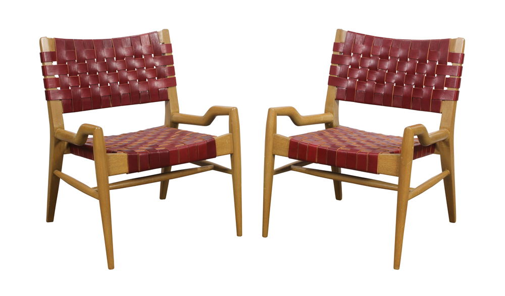 (lot of 4) John Keal for Brown Saltman lounge chairs, the woven back and seats executed in red