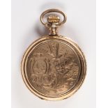 14k yellow gold hunting case pocket watch Dial; round, white, black Roman numeral hour markers,