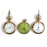 (Lot of 3) Open face gold-filled pocket watches and gold-filled chains Including 1) Hamilton open
