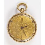 18k yellow gold open face pocket watch Dial: gilted, round, applied Roman numeral hour markers,