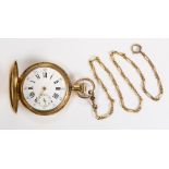 18k yellow gold hunting case pocket watch with chain Dial: round, white, black Roman numeral hour