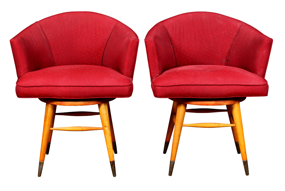 (lot of 2) Edward Wormley for Dunbar swivel chairs, each having Swiss dot upholstery in maroon,