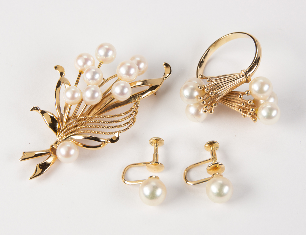 Cultured pearl and 14k yellow gold jewelry suite Including 1) 6.5 mm, cultured pearl and 14k