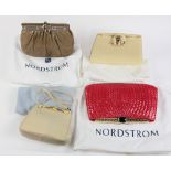 (lot of 4) Judith Leiber hand bags with dust jackets, including a clutch with an elephant form