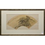(lot of 2) Chinese paintings: one of a fan featuring a scholar trekking to a viewing pavilion, upper