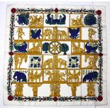 Hermes 100% twill silk scarf "Torana" by Annie Faivre, executed in white, green, and red, 90cm