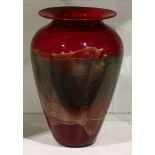 Michael Nourot art glass vase, the shouldered form executed in crimson with an abstract decorated