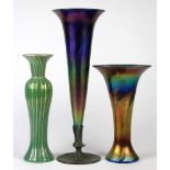 (Lot of 3) Lundberg Studios art glass group, consisting of a large trumpet form vase having a pulled