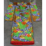 Japanese silk uchikake kimono, red silk lining, heavily padded hem, orange and purple irises by