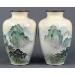 (lot of 2) Pair of Japanese cloisonne vases, landscapes with cranes and pavilion on ochre ground,