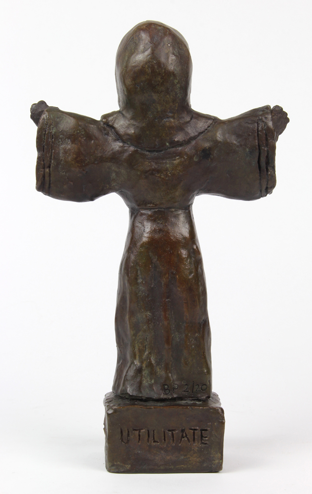 Patinated bronze figural sculpture, depicting a monk with arms outstretched, signed and numbered "BP - Image 4 of 5