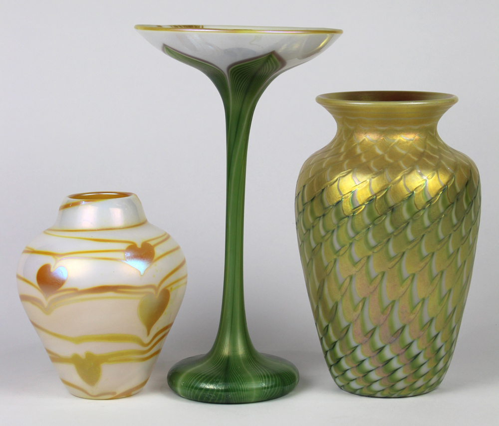 (Lot of 3) Lundberg Studios iridescent art glass group, one of tapered form having a pulled