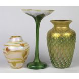 (Lot of 3) Lundberg Studios iridescent art glass group, one of tapered form having a pulled