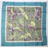 Hermes silk scarf "Cols. Verts" by Christiane Vauzelles, executed in blue, grey, white, green and