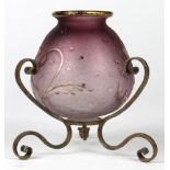 French Daum Nancy etched glass vase, having a partial gilt lavender bulbous body with floral