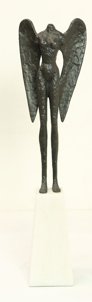 Winged Woman, bronze sculpture, unsigned, 20th century, overall (with marbel base): 26"h x 7"w x 5"