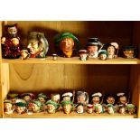 (lot of approx. 30) Two shelves of character jugs, mostly Royal Doulton, including "'arriet," "The