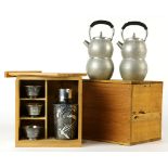 (lot of 6) Japanese sake serving set, consisting of three sake cups and one small pitcher, with a